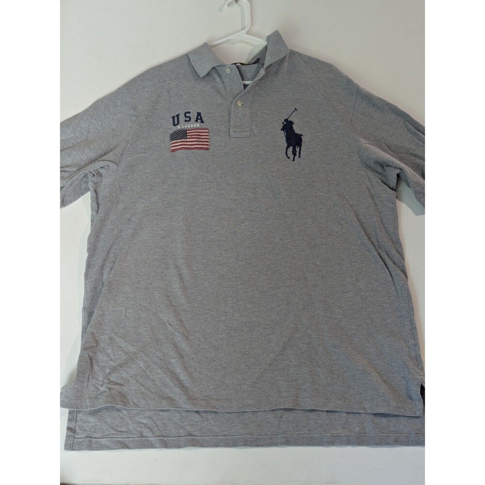 Polo Ralph Lauren Short Sleeve Big Pony Custom Fit USA Flag Polo Shirt Grey XLT